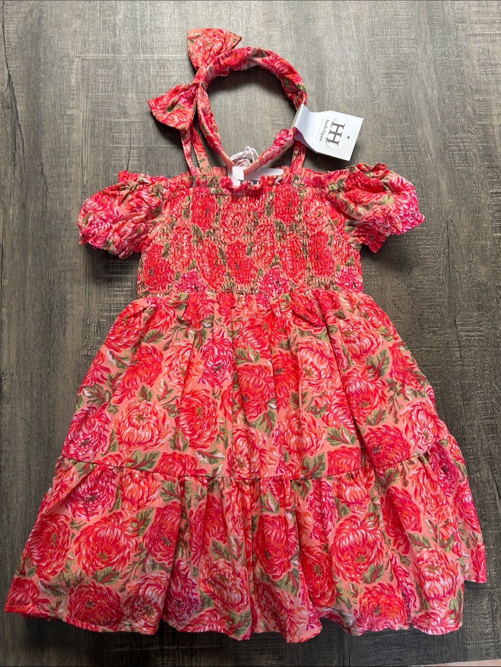 Haute Hippie Kids Coral Smocked Dress with Floral Straps